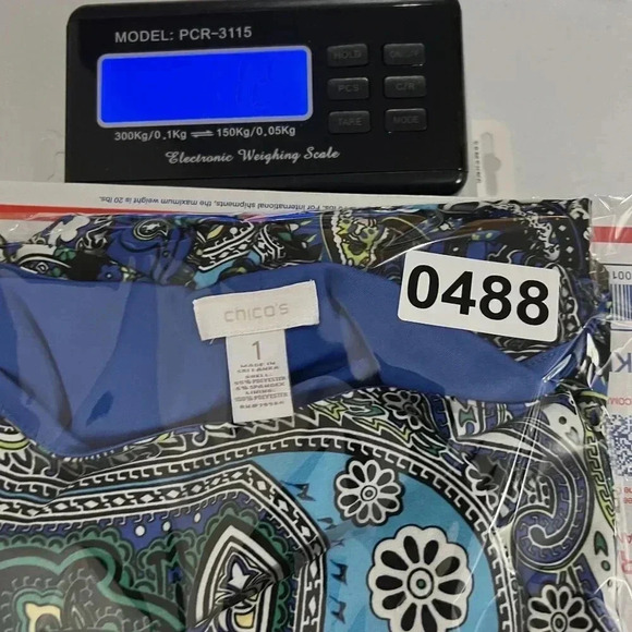 CHICOS 1 Medium Blue White Paisley 3/4 Sleeve Knit Bodycon Outdoor Shift Dress - Picture 16 of 16